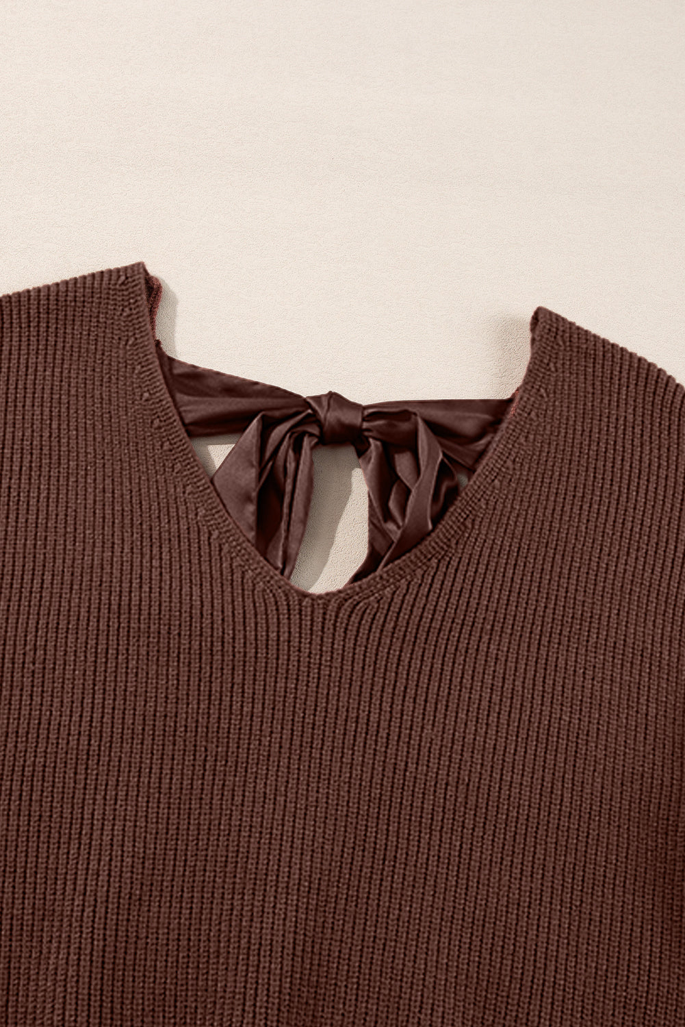 Coffee Lantern Sleeve V Neck Knot Back Sweater Sweaters JT's Designer Fashion