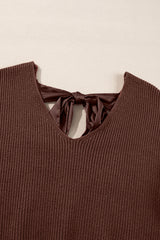 Coffee Lantern Sleeve V Neck Knot Back Sweater Sweaters JT's Designer Fashion