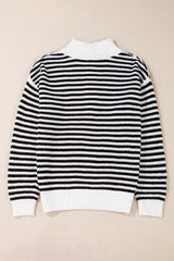 Black Stripe Zip up Collar Drop Shoulder Sweater Sweaters JT's Designer Fashion