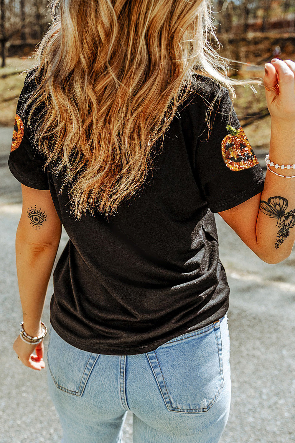 Black Sequin Pumpkin Face Halloween T Shirt Graphic Tees JT's Designer Fashion