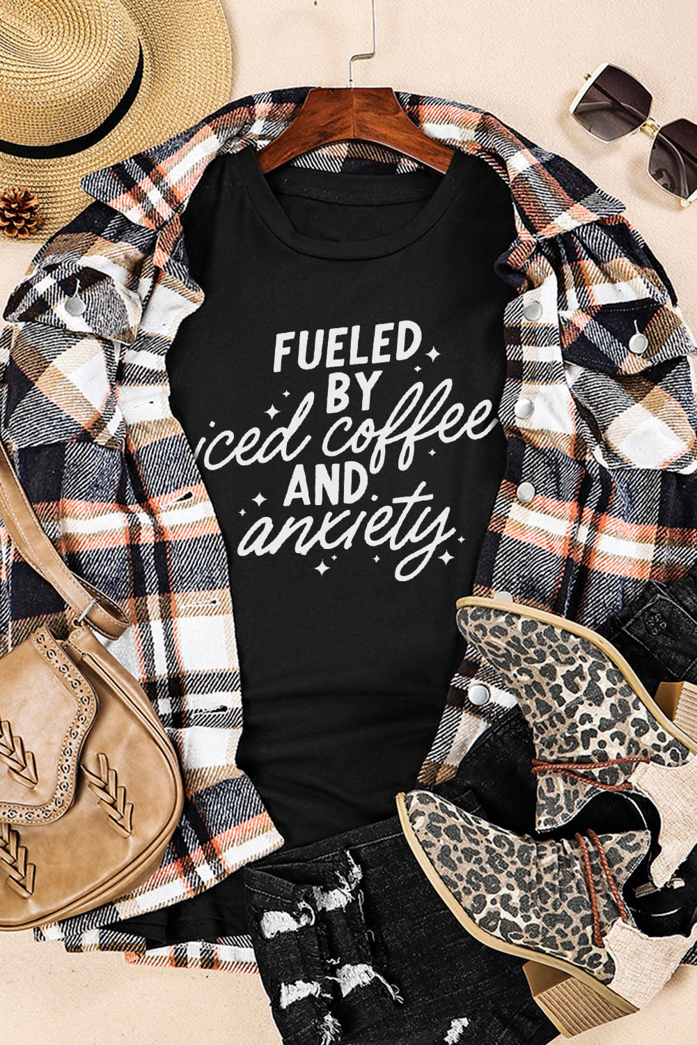 Black FUELED BY iced coffee AND anxiety Graphic Tee Graphic Tees JT's Designer Fashion