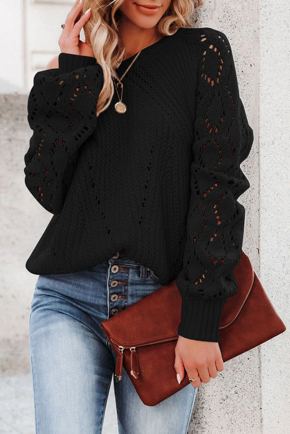 Black Hollow-out Puffy Sleeve Knit Sweater Black 100%Acrylic Sweaters JT's Designer Fashion