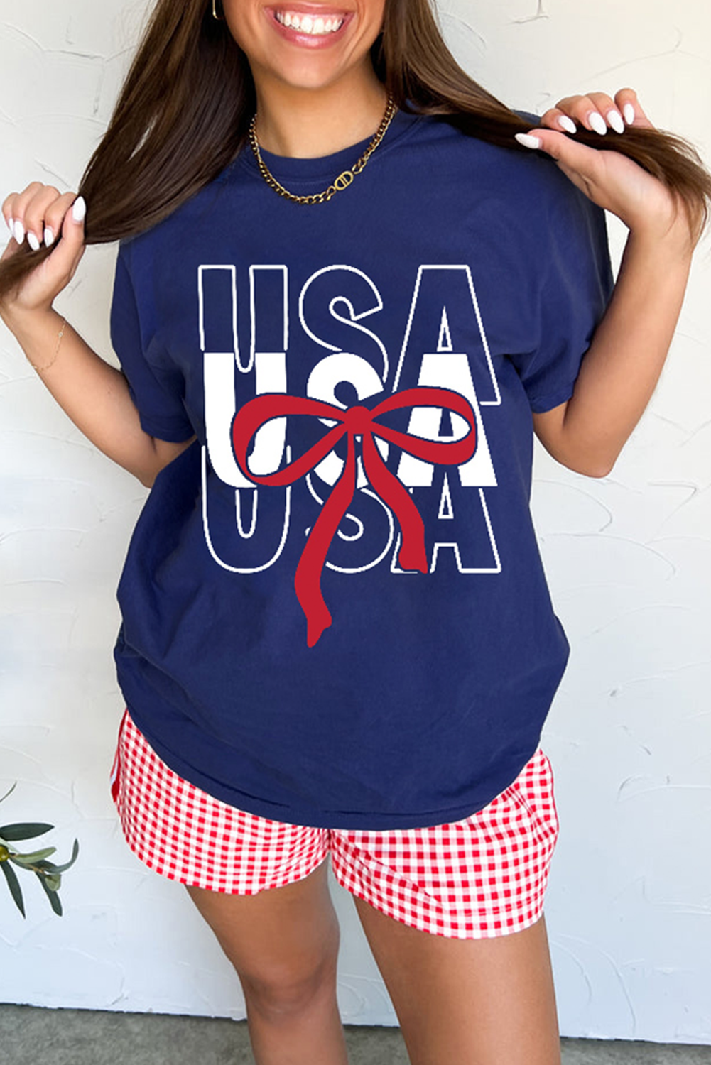 Blue USA Bow Printed Casual Cotton Blend T Shirt Graphic Tees JT's Designer Fashion