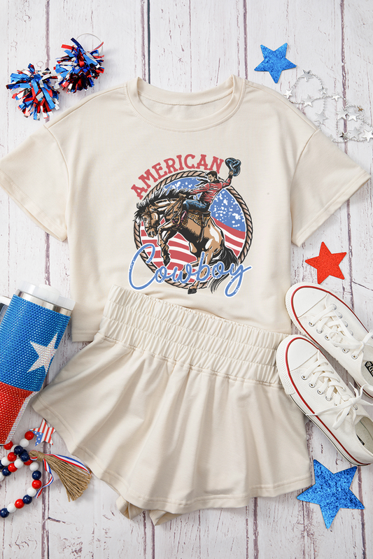 Beige American Cowboy Western Graphic Tee and Ruffle Skort 2pcs Set Graphic Sets JT's Designer Fashion