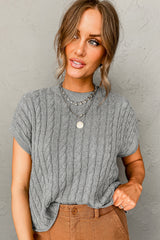 Gray Crew Neck Cable Knit Short Sleeve Sweater Sweaters & Cardigans JT's Designer Fashion