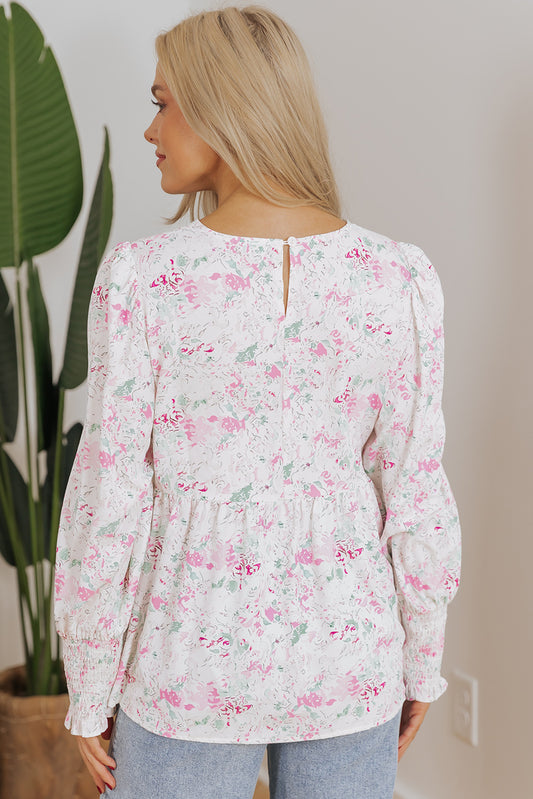 Pink Floral Print Shirred Balloon Sleeve Keyhole Back Babydoll Blouse Blouses & Shirts JT's Designer Fashion