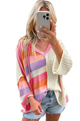 Pink Oversized Colorblock V Neck Hooded Sweater Sweaters JT's Designer Fashion
