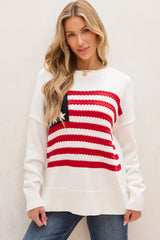 White American Flag Cable Knit Drop Shoulder Sweater Sweaters JT's Designer Fashion