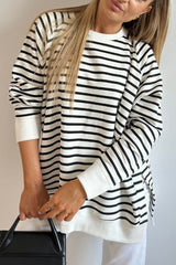 Black Stripe Raglan Sleeve Side Slits Loose Sweatshirt Sweatshirts & Hoodies JT's Designer Fashion