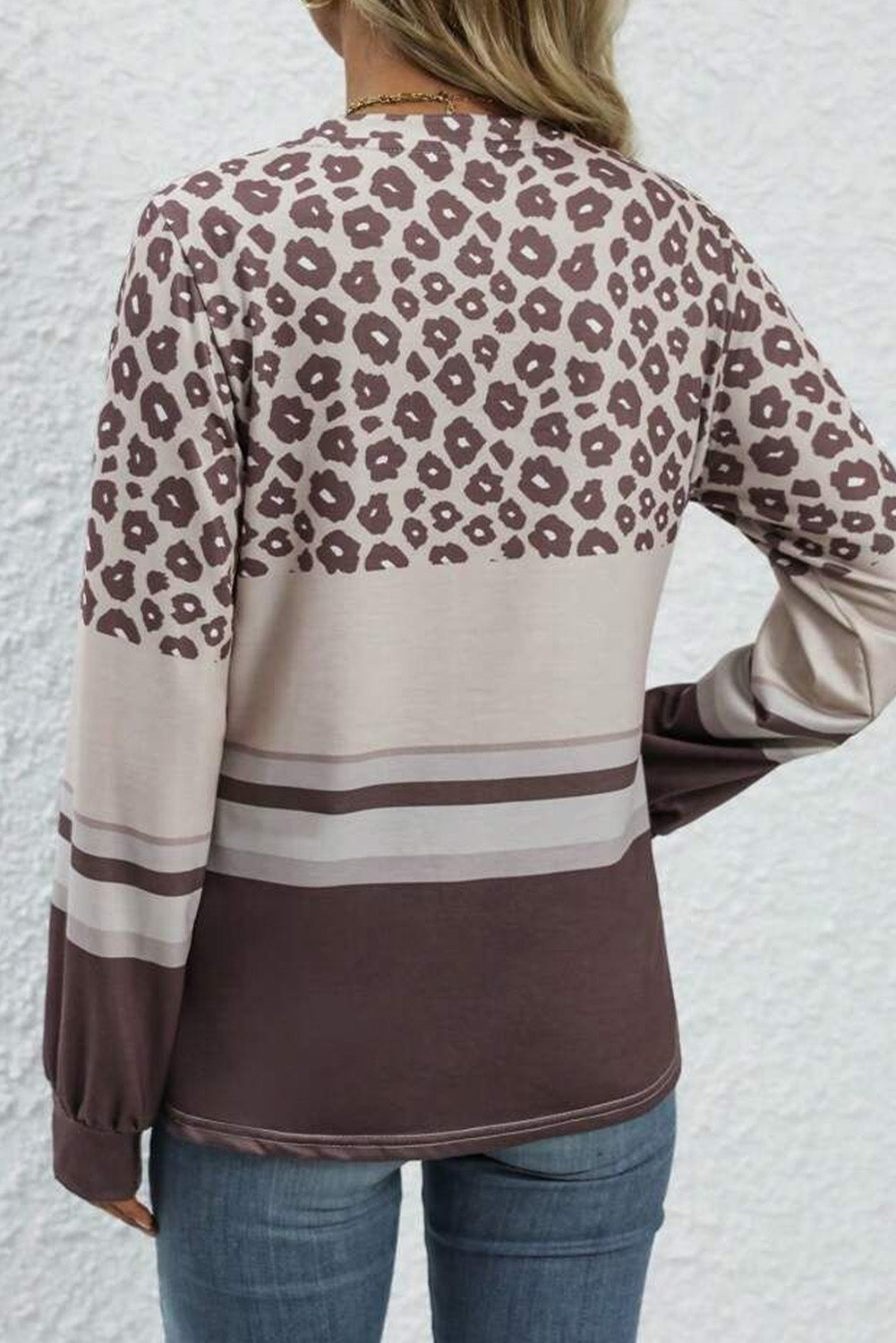 Brown Leopard Color Block Crewneck Long Sleeve Top Long Sleeve Tops JT's Designer Fashion