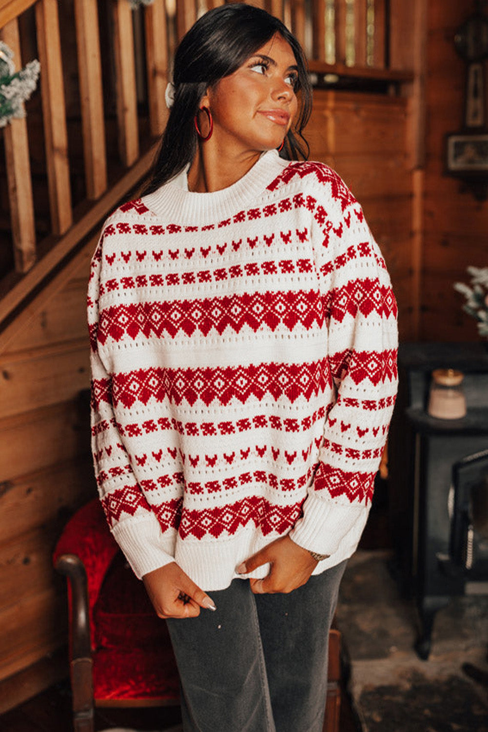 White Western Geometric Patterned Crew Neck Loose Sweater Sweaters JT's Designer Fashion