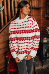 White Western Geometric Patterned Crew Neck Loose Sweater Sweaters JT's Designer Fashion