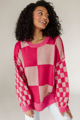 Rose Red Mixed Checkered Pattern Drop Shoulder Loose Sweater Sweaters JT's Designer Fashion