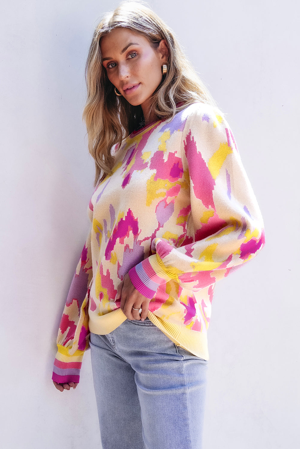 Khaki Abstract Print Colorblock Balloon Sleeve Sweater Sweaters JT's Designer Fashion