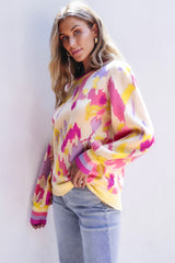 Khaki Abstract Print Colorblock Balloon Sleeve Sweater Sweaters JT's Designer Fashion