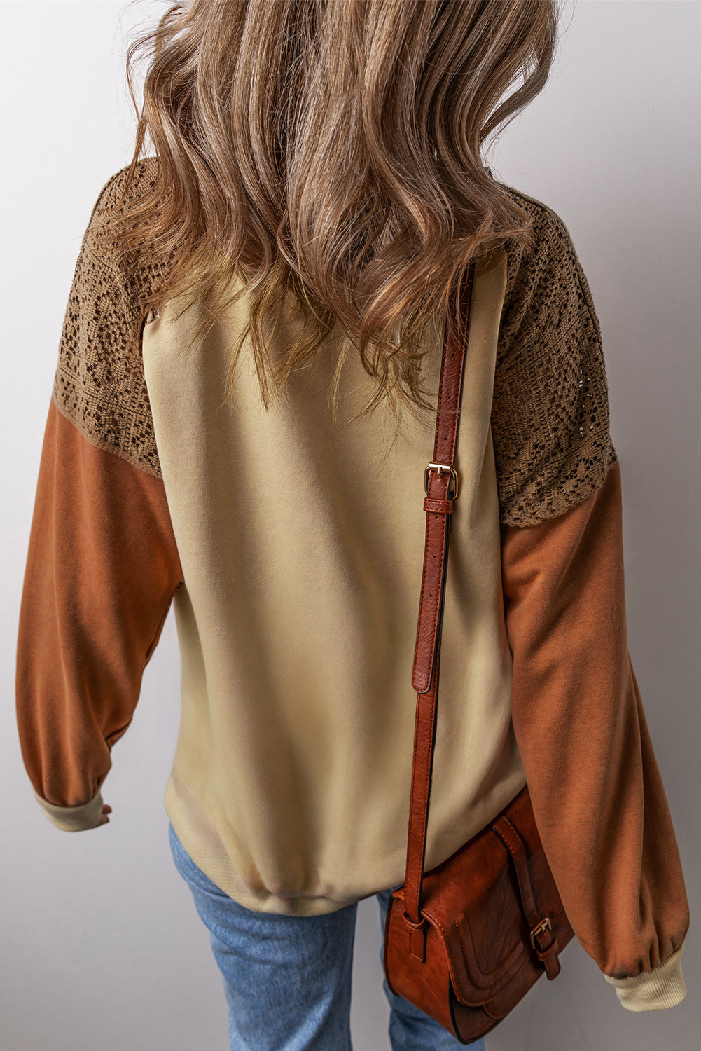 Khaki Lace Patchwork Colorblock Drop Shoulder Sweatshirt Sweatshirts & Hoodies JT's Designer Fashion