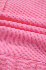 Bright Pink Waffle Textured Button Round Neck A-line Tiered Sleeveless Dress Mini Dresses JT's Designer Fashion