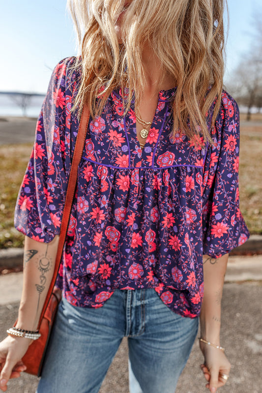 Purple Floral Half Sleeve Split Neck Blouse Top Purple 100%Polyester Blouses & Shirts JT's Designer Fashion