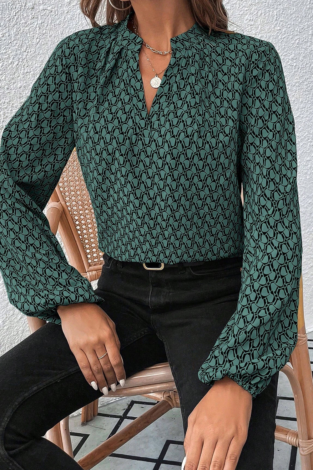 Green Geometric Print Notched Neck Puff Sleeve Blouse Blouses & Shirts JT's Designer Fashion
