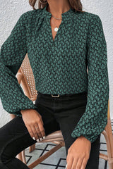 Green Geometric Print Notched Neck Puff Sleeve Blouse Blouses & Shirts JT's Designer Fashion