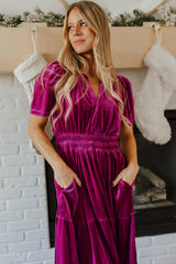Red Dahlia Velvet Short Sleeve Shirred Waist Tiered Long Dress Maxi Dresses JT's Designer Fashion