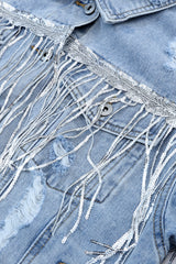 Sky Blue Sequin Embellished Fringe Distressed Denim Jacket Denim Jackets JT's Designer Fashion