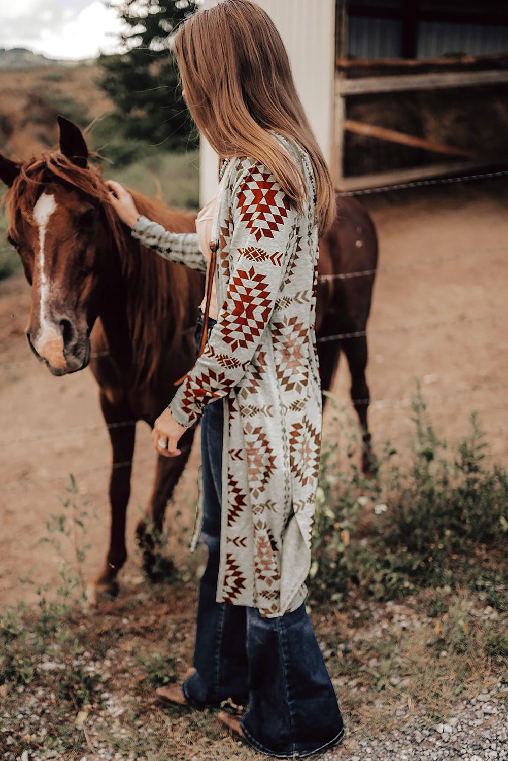 Brown Western Aztec Printed Open Front Long Cardigan Cardigans JT's Designer Fashion