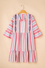 White Stripe Plus Size Embroidered Detail Flared 3/4 Sleeve V Neck Dress Plus Size Mini Dresses JT's Designer Fashion