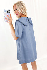 Beau Blue Frilled Peter Pan Collar Loose Denim Short Dress Dresses JT's Designer Fashion