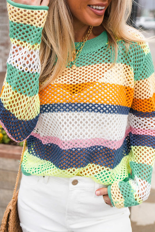 Green Colorblock Patchwork Knit Crochet Eyelet Sweater Green 100%Acrylic Sweaters JT's Designer Fashion