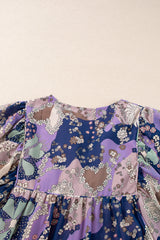 Purple Vintage Daisy Floral Puff Sleeve Ruffle Short Dress Floral Dresses JT's Designer Fashion