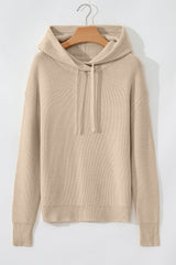 Beige Solid Color Drawstring Hooded Drop Shoulder Pullover Sweater Sweaters JT's Designer Fashion