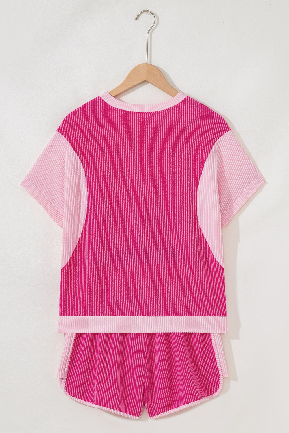 Rose Red 3D Spiral Ribbed Texture 2 Tones Patchwork Short Set Short Sets JT's Designer Fashion