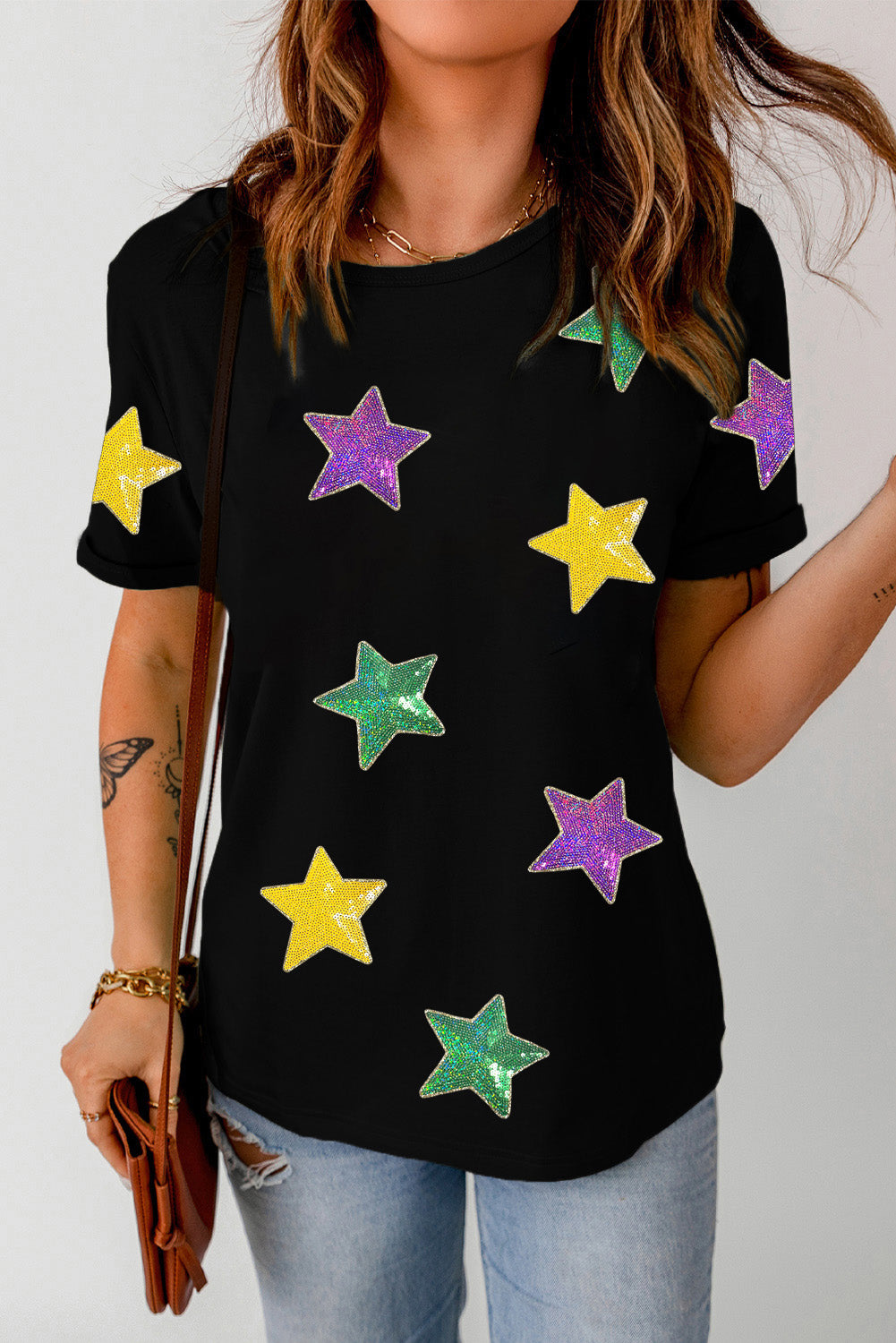Black Colorful Sequin Stars Patched Relaxed T Shirt Graphic Tees JT's Designer Fashion