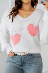 White Pearl Beaded Heart Pattern Fuzzy V Neck Sweater White 55%Acrylic+45%Polyamide Sweaters JT's Designer Fashion