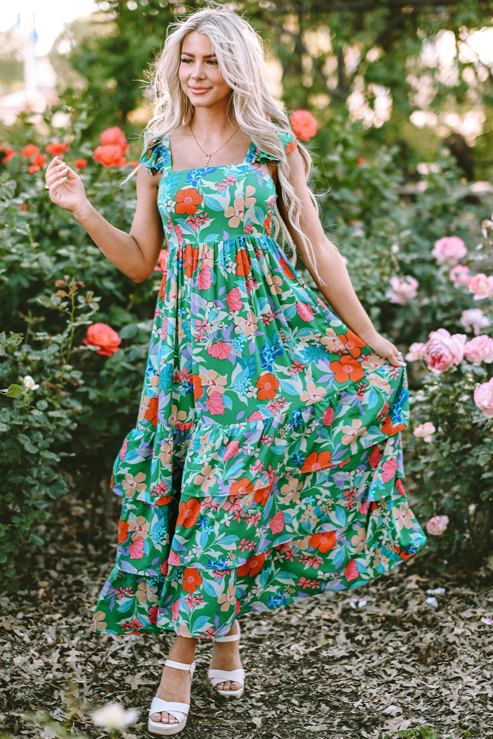 Green Floral Print Sleeveless Ruffle Tiered Maxi Dress Floral Dresses JT's Designer Fashion