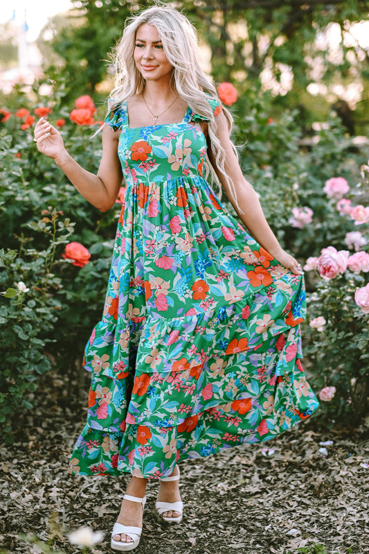 Green Floral Print Sleeveless Ruffle Tiered Maxi Dress Floral Dresses JT's Designer Fashion