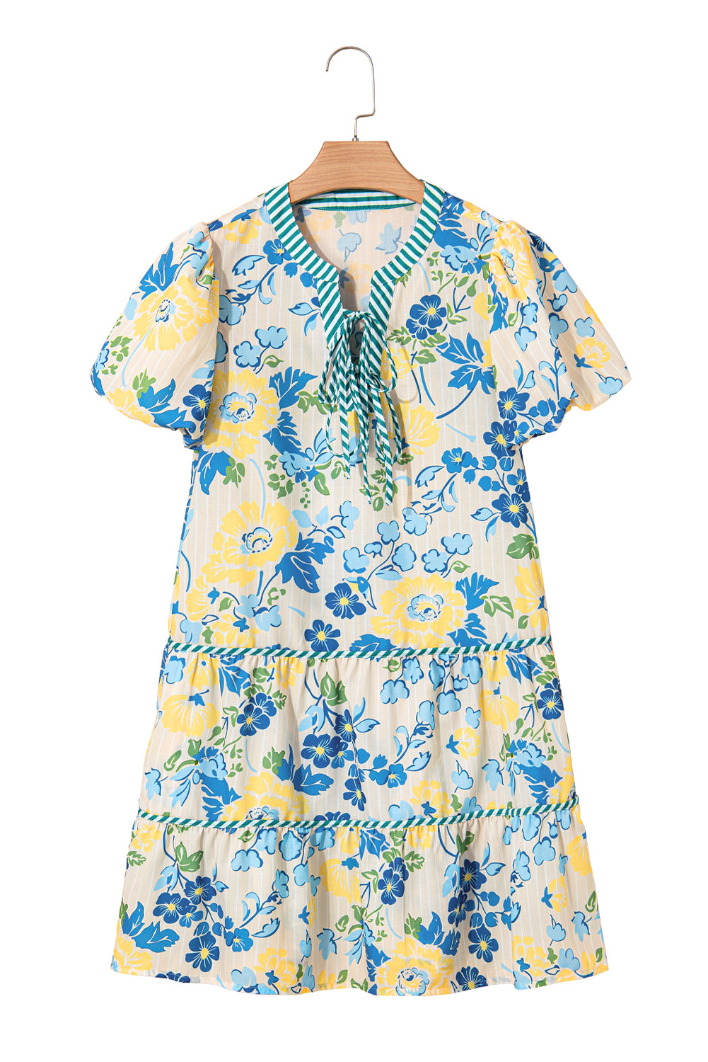 Blue Floral Striped Trim Puff Short Sleeve Dress Floral Dresses JT's Designer Fashion