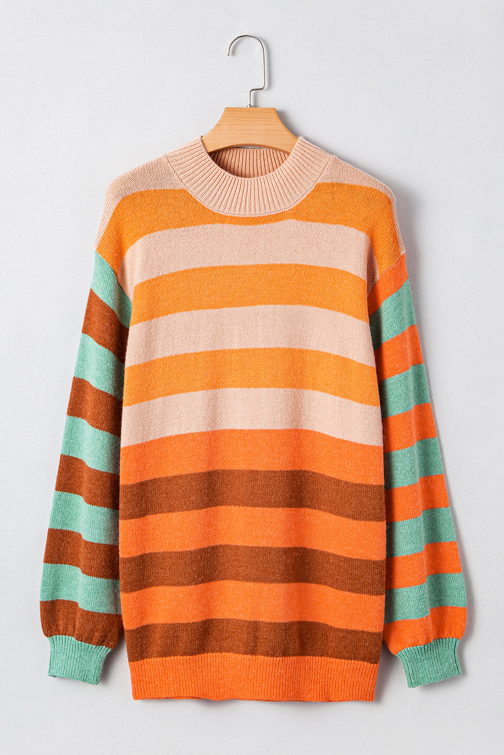 Orange Stripe Color Block High Neck Drop Shoulder Cozy Sweater Sweaters JT's Designer Fashion