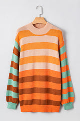Orange Stripe Color Block High Neck Drop Shoulder Cozy Sweater Sweaters JT's Designer Fashion
