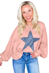 Gossamer Pink Studded Star Graphic Oversized Long Sleeve Top Long Sleeve Tops JT's Designer Fashion