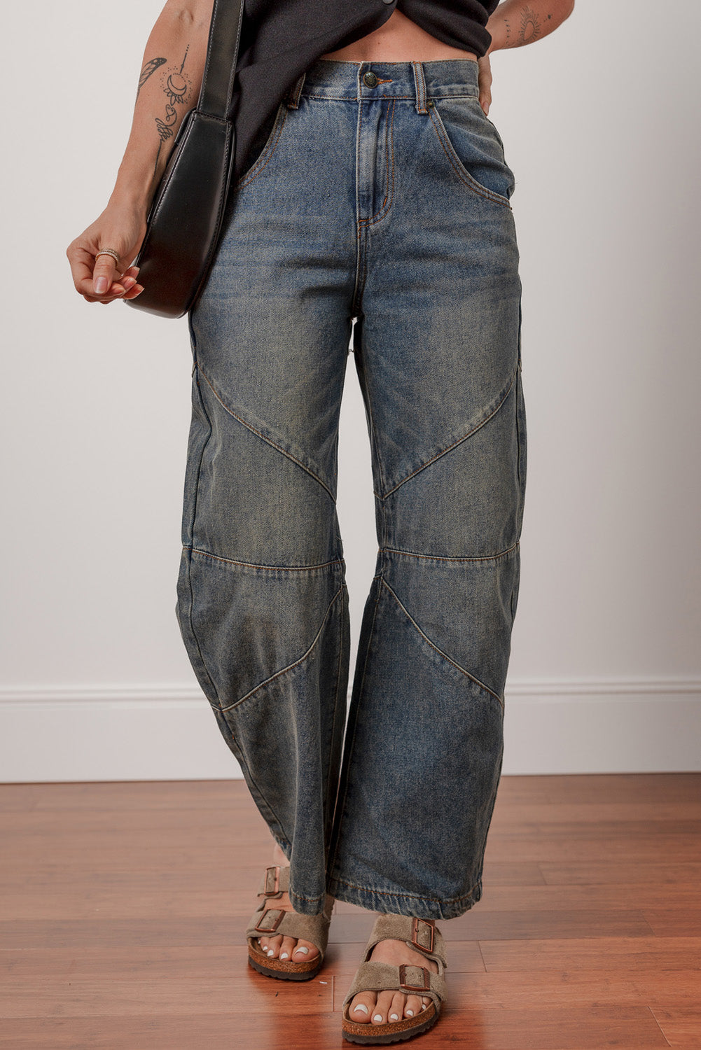 Sail Blue Exposed Stitching Loose Straight High Waist Jeans Sail Blue 72%Cotton+26%Polyester+2%Elastane Jeans JT's Designer Fashion