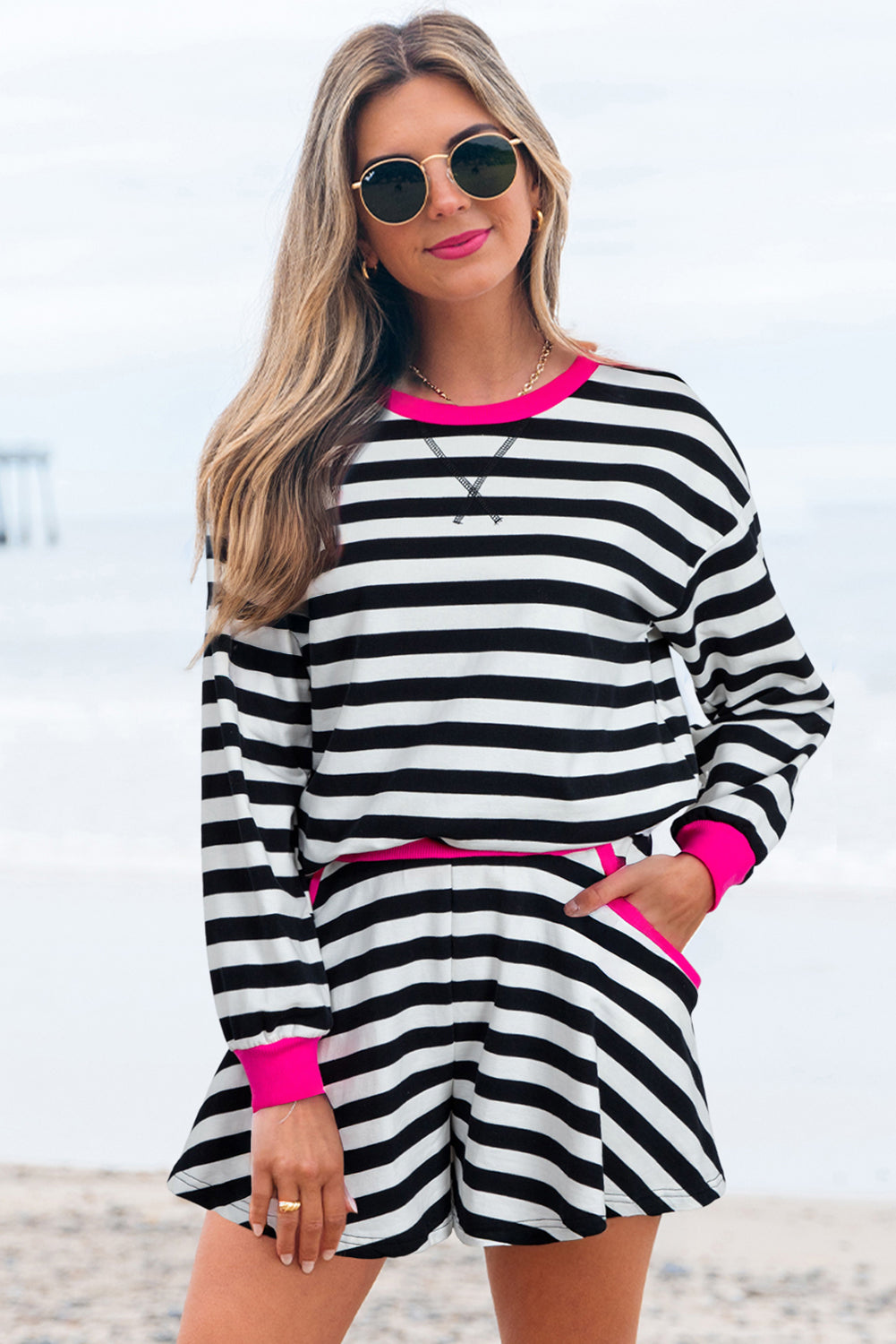 Black Stripe Contrast Ribbed Banding Long Sleeve Blouse Loose Shorts Set Black Stripe 95%Cotton+5%Elastane Short Sets JT's Designer Fashion