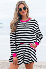 Black Stripe Contrast Ribbed Banding Long Sleeve Blouse Loose Shorts Set Black Stripe 95%Cotton+5%Elastane Short Sets JT's Designer Fashion
