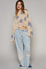 Beige Contrast Flower Print Eyelet Drop Shoulder Sweater Sweaters JT's Designer Fashion