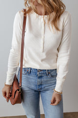 White Solid Color Waffle Half Button Long Sleeve Top Long Sleeve Tops JT's Designer Fashion