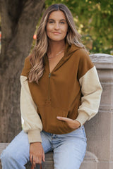 Chestnut Color Block Half Zip Kangaroo Pocketed Hoodie Sweatshirts & Hoodies JT's Designer Fashion