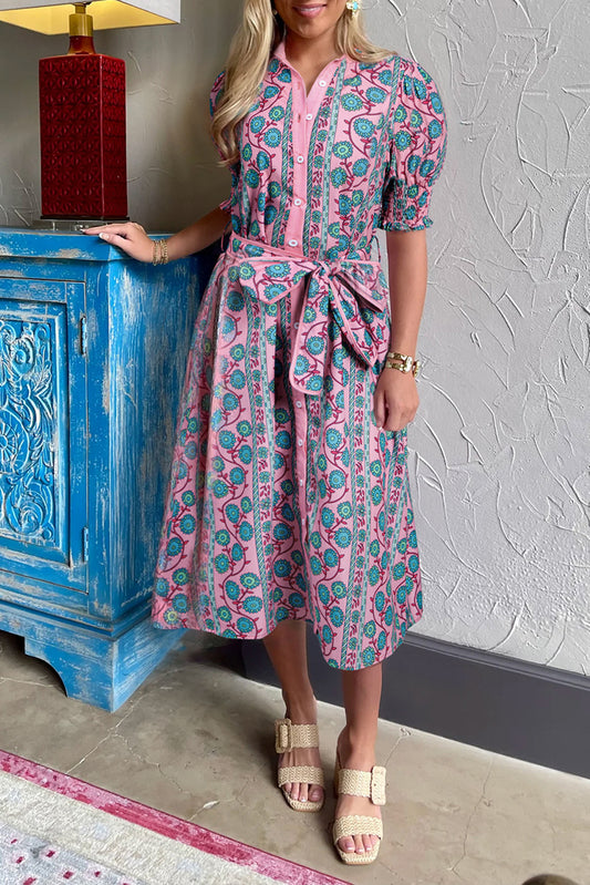 Pink Floral Shirred Puff Sleeve Buttoned Front Midi Dress with Sash Midi Dresses JT's Designer Fashion