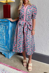 Pink Floral Shirred Puff Sleeve Buttoned Front Midi Dress with Sash Midi Dresses JT's Designer Fashion