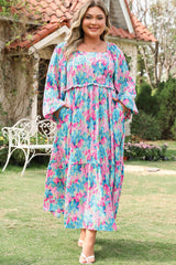 Sky Blue Floral Allover Print Shirred Square Neck Plus Size Maxi Dress Plus Size Maxi Dresses JT's Designer Fashion